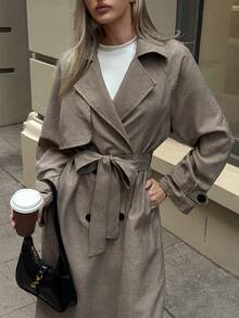 Aloruh 女士休闲双排扣系带风衣，秋季，女士秋季外套 - 卡其色 - 查看 8