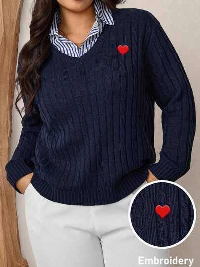 EMERY ROSE Plus Size Women Heart Embroidery V-Neck Long Sleeve Casual Sweater, Autumn/Winter/Valentine's Day