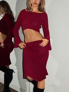 Flirla Women's Casual Solid Color Bell Sleeve Cropped Sweater And Skirt 2 Pieces Set, Autumn - Burgundy - View 5