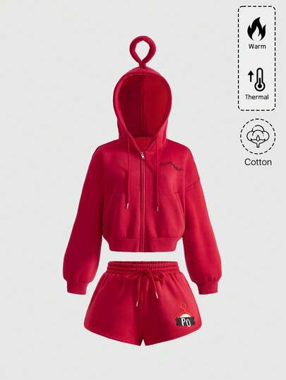 Teletubbies X ROMWE Women's Casual Zip-Up Hoodie And Embroidered Shorts 2 Pieces Set, Autumn