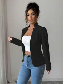 SHEIN Elenzya 女士优雅纯色格纹质感面料立领长袖高端优雅外套，适合感恩节、万圣节、街头风、秋冬季穿着。 - 黑色 - 查看 6