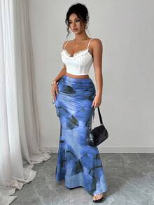 Elenzga Chân váy đuôi cá xếp ly cạp cao ôm sát, họa tiết nhuộm loang cổ điển, thiết kế thanh lịch và đa năng dành cho nữ, thích hợp cho mùa tựu trường vào mùa xuân và mùa thu - Màu xanh lam - Xem 5