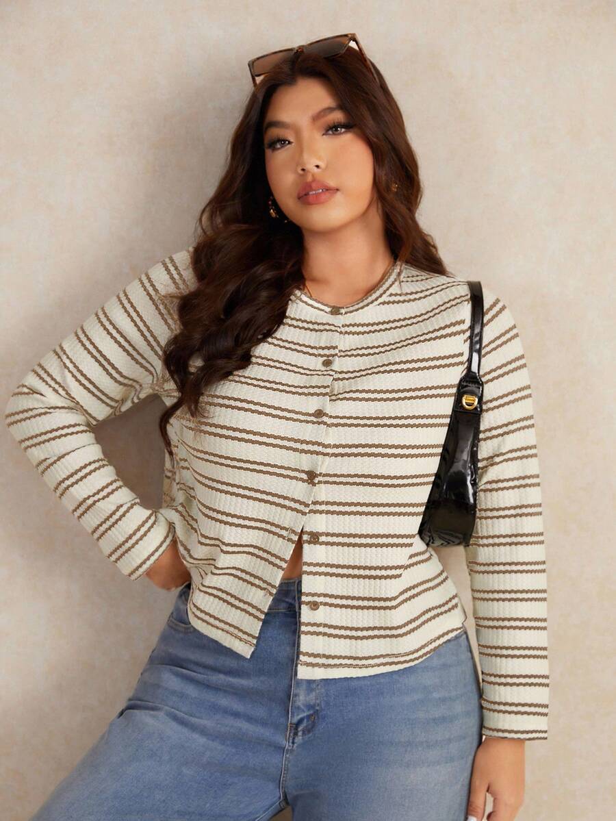 Elaquor Plus Size Women's Casual Basic Striped Button T-Shirt Office Old Money - Multicolor - View 1
