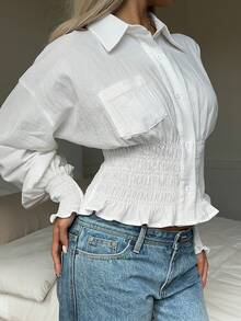 SHEIN EZwear 女士清新纯色收腰长袖衬衫 - 白色 - 查看 3