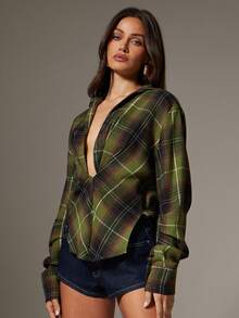 Denimoi Houndstooth Plaid Plunge Neck Collared Asymmetrical Hem Long Sleeve Shirt, Fashionable Blouse
