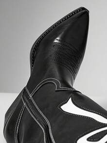 SHUZIA Botas de vaquera occidentales con tacón grueso, punta afilada y bordado glamoroso para mujer - Negro - Ver 8