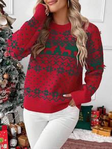 SHEIN LUNE Christmas Reindeer & Snowflake Pattern Dropped Shoulder Knit Sweater For New Year Clothes - Multicolor - View 5