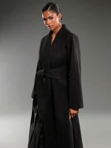 Normani Lange, einfarbige, gegürtelte Taschen-Jacke mit langen Ärmeln, elegant und bequem, für Herbst/Winter - Schwarz - Übersicht 3