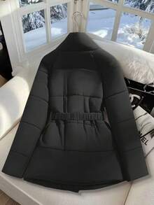 GlowEve 女士咖啡棕色腰带，金属扣设计，收紧腰身，优雅羽绒服 - 灰色 - 查看 2