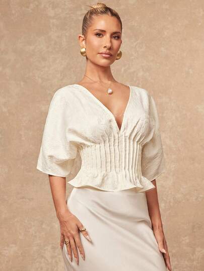 Lumalex Early Spring V-Neck Textured Fabric Cinched Waist Ruffle Hem Exaggerated Design Women Top Luxury NewYearNewLook QuietLuxe Prom Gathering Party Banquet Modest Old Money Coquette Glitter Holiday Party Rave Festival Outing Vacation Hot Outdoor Richly Layered Wedding VDayGiftGuide RomanticVDayOutfit Season Banquet ID Party New Year Looks Of Party