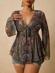 Travachic Plus Size Women Vintage Floral Print Long Sleeve Pullover Top/Winter - Multicolor - View 6