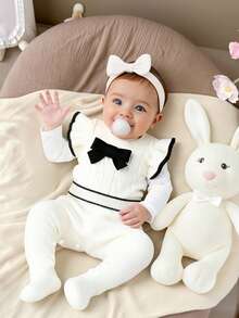 SHEIN Newborn Baby Stylish Cute 3D Bow Shoulder Snap Sleeveless Jumpsuit Lace Knitted, Soft & Comfortable, Daily, Outings, Travel, Vacation, Daycare - Yellow - View 7