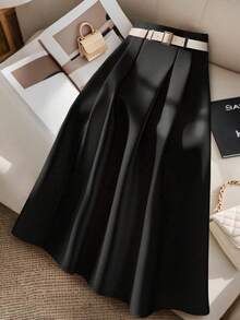 SHEIN Tall CURVE Plus Size Women's Solid Color Pleated Elegant Slimming Black Skirt - Black - View 1