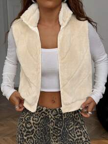 SHEIN EZwear 毛绒无袖女士纯色风衣 - 杏色 - 查看 5