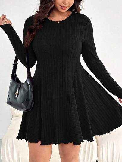 SHEIN Essnce Plus Size Women's Autumn And Winter Fashion Casual Loose Comfortable Daily Warm Sanded Pit Waist Long Sleeve Black Short Dress,Fall Outfits,Curve Dress,Simple Style,Waist-Cinching Short Dress Casual Black Dress