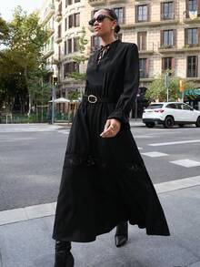 Maija 女士纯色系带领休闲长袖连衣裙 - 黑色 - 查看 5