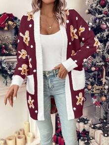 SHEIN LUNE Bear Pattern Dual Pocket Contrast Trim Dual Pocket Cardigan For New Year Clothes - Red - View 4