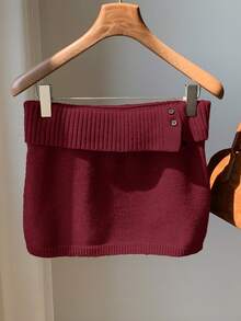 Comfortcana Women's Solid Color Knitted Ribbed Casual Versatile Sweater Skirt, Korean Style In Fall/Winter Women Skirts Red Maroon Skirt Burgundy Skirt Knit Skirt Women Skorts - Burgundy - View 4