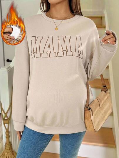 SHEIN Maternity Casual Letter Embroidery Fleece Sweatshirt, Autumn/Winter Sweatshirt For Women Embroidered Sweatshirt Mama Sweatshirt Oversized Sweatshirt Woman Women Sweatshirt