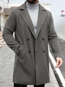 Manfinity Homme 男士纯色翻领单排扣休闲大衣，秋冬男士外套，男士长款灰色外套，男士灰色大衣，男士灰色开衫 - 深灰色 - 查看 4