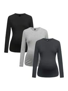 Modmama 3件套孕妇休闲圆领长袖修身孕妇T恤 - 灰色 - 查看 7