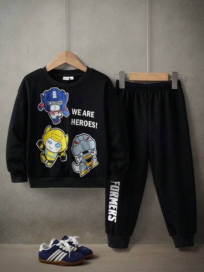 Transformers X SHEIN 2pcs/Set Young Boy Cute Cartoon Robot Print Crew Neck Raglan Sleeve Sweatshirt And Relaxed Fit Pants Knit Casual Sports Tracksuit, Black