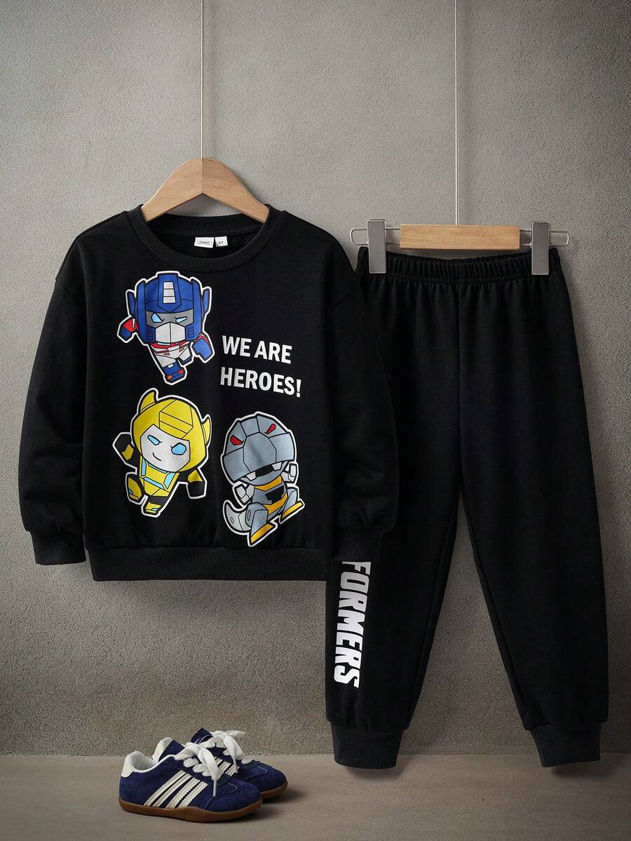 Transformers X SHEIN 2件套男童可爱卡通机器人印花圆领插肩袖卫衣和宽松针织裤休闲运动套装,黑色 - 黑色 - 查看 1