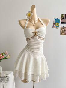 Soleia 度假风露背系带海星贝壳装饰荷叶边V领花卉金属扣白色针织纹理修身迷你连衣裙，适合圣诞节、约会之夜、夜店、波西米亚风、度假、秋季女装、复古、假日等场合。 - 白色 - 查看 1