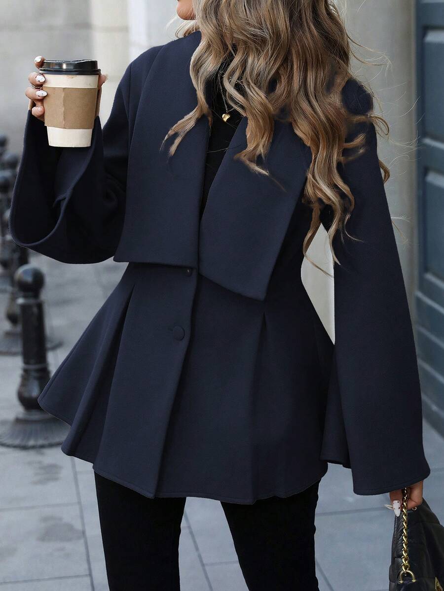 EMERY ROSE Abrigo de lana holgado de mujer con cuello vuelto, escote en V, doble botonadura, abertura frontal, línea A, mangas acampanadas y puños sueltos, adecuado para primavera, otoño e invierno, con estilo francés elegante y casual para ir al trabajo