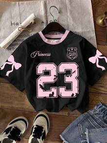 SHEIN 甜美蝴蝶结英文数字28印花少女休闲简约圆领短袖T恤适合夏季 - 彩色 - 查看 2