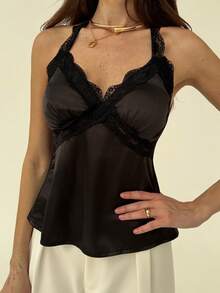 Aloruh Women's Fashion Contrast Lace Spaghetti Strap Backless Camisole For Summer - Black - View 5