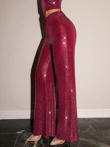 SHEIN Glamour بنطلون نسائي ذو ساق واسعة مزين بترتر لامع لموسم الخريف