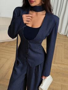 Modelyn Women's Elegant Blue Long Sleeve Padded Shoulder V-Neck Cinched Waist A-Line Cardigan And Straight Leg Pants, Autumn - Blue - View 1