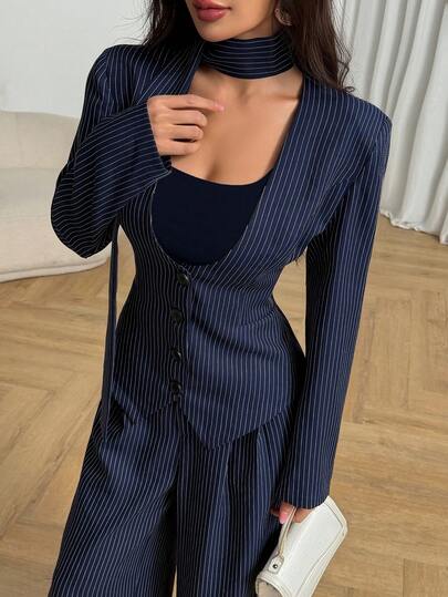 Modelyn 女士优雅蓝色长袖垫肩V领收腰A字开衫搭配直筒裤，秋季款