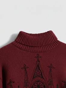 ROMWE Gothic Palace Embroidered Turtleneck Sweater - Burgundy - View 4