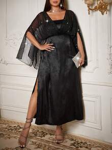 Flirla New Chinese Style Black Elegant Dinner Evening Formal Maxi Dress,Autumn Retro High Waist Patchwork V-Neck Short Sleeve Open Slit Cheongsam - Black - View 8