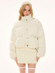 ROMWE Kawaii Sweet Polka Dot Mandarin Collar Padded Coat - White - View 5