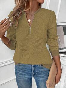 SHEIN LUNE Women's Autumn Sweatshirt, Notch Neck, Long Sleeve, Raglan Sleeve, Ribbed Splice, Zipper Decor, Textured Fabric - Brown - View 6