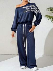 Modelyn Women Slogan Print Oblique Shoulder Long Sleeve Top And Pants Casual 2 Pieces Set - Blue - View 3