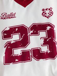 Sparklyn 两件套少女V领长袖T恤，印有23个字母和数字，搭配阔腿裤，舒适休闲运动风，适合春秋季穿着。 - 紅色 - 查看 7