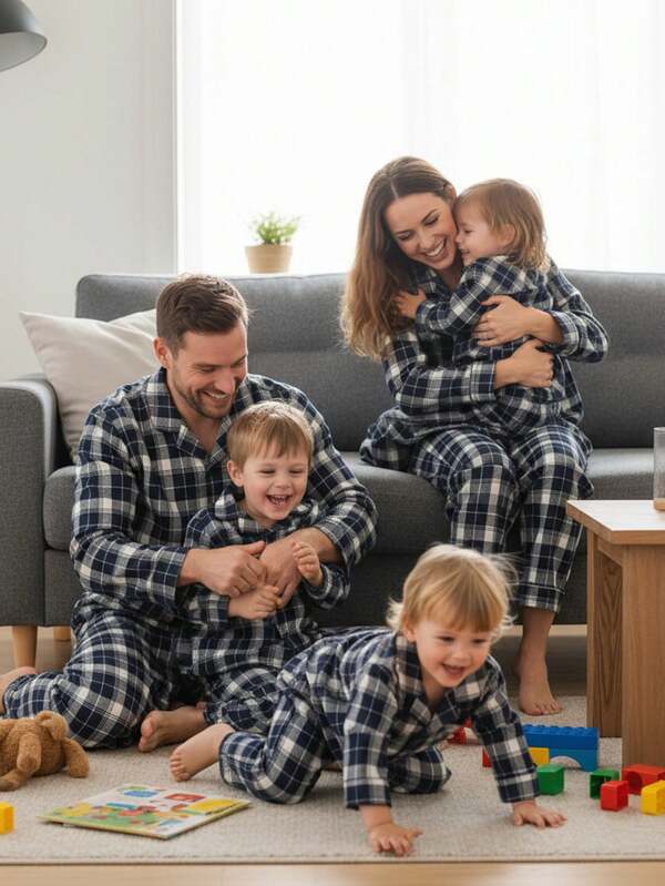 2pcs Boys' Casual Classic Plaid Shirt & Pants Set, Long Sleeve Loungewear