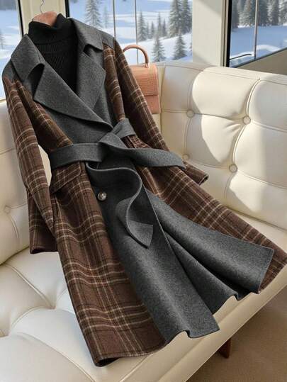 GlowEve 女士秋冬翻领拼接格纹长袖系带羊毛大衣