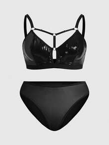 ROMWE Grunge Punk Plus Size Dark Punk PU Wireless Triangle Bra Set - Black - View 1