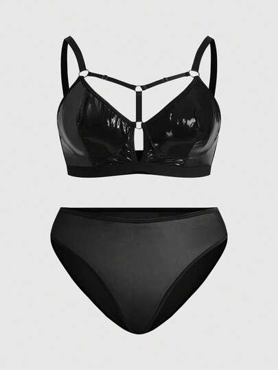 ROMWE Grunge Punk 加大码暗黑朋克风PU无钢圈三角文胸套装