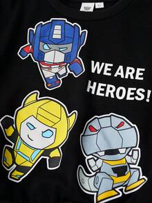 Transformers X SHEIN 2件套男童可爱卡通机器人印花圆领插肩袖卫衣和宽松针织裤休闲运动套装，黑色 - 黑色 - 查看 5