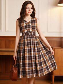 SHEIN Girls' Retro Plaid Dress, Waist Cinched Double-Breasted Design, Snug Fit, Suitable For School, Holiday, Casual Wear - Multicolor - View 9