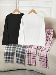 SHEIN 4pcs Girls Letter Print Long Sleeve Top + Plaid Pants Pajama Set, Casual Homewear - Multicolor - View 2