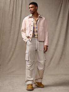 RivetRise Men's Casual Loose Straight Leg Accordion Pleated High-Rise Drawstring Waist Jeans, Beige, Hang Out Commute Cargo Denim Pants For Boyfriend & Husband - Beige - View 3