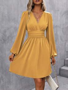 LanaWest Women's Elegant Solid Color Shirred Shirred Dress - Yellow - View 7