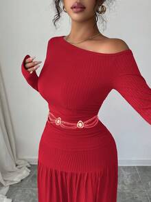 Elenzga Spring & Autumn Back To School New Brown Elastic Ribbed Relaxed Suit, Oblique Shoulder Design Pleated Fitted Long Sleeve T-Shirt + High Waist Pleated Flared Skirt 2 Piece Set For Women - Red - View 6